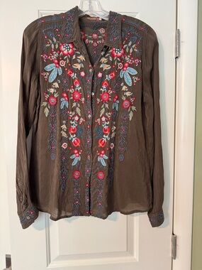 Johnny Was Embroidered Floral Button-Up Blouse